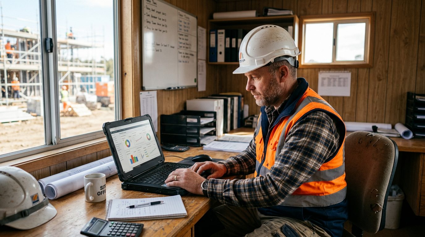 Construction business owner reviewing tender alerts on a laptop at a job site